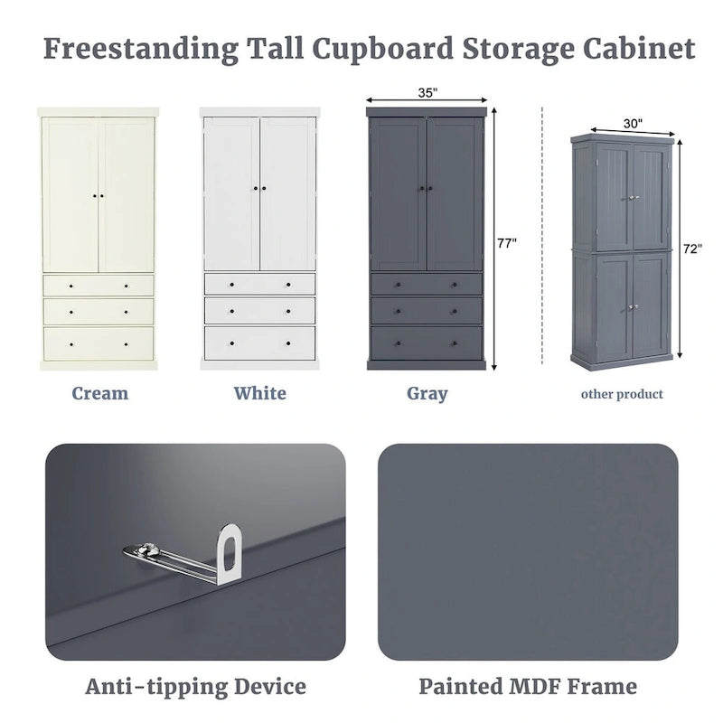 77inch Farmhouse Kitchen Pantry, Freestanding Tall Cupboard Storage Cabinet with 3 Adjustable Shelves, 8 Door Shelves, 3 Drawers