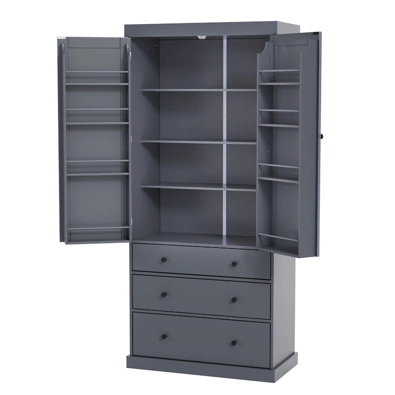 77inch Farmhouse Kitchen Pantry, Freestanding Tall Cupboard Storage Cabinet with 3 Adjustable Shelves, 8 Door Shelves, 3 Drawers