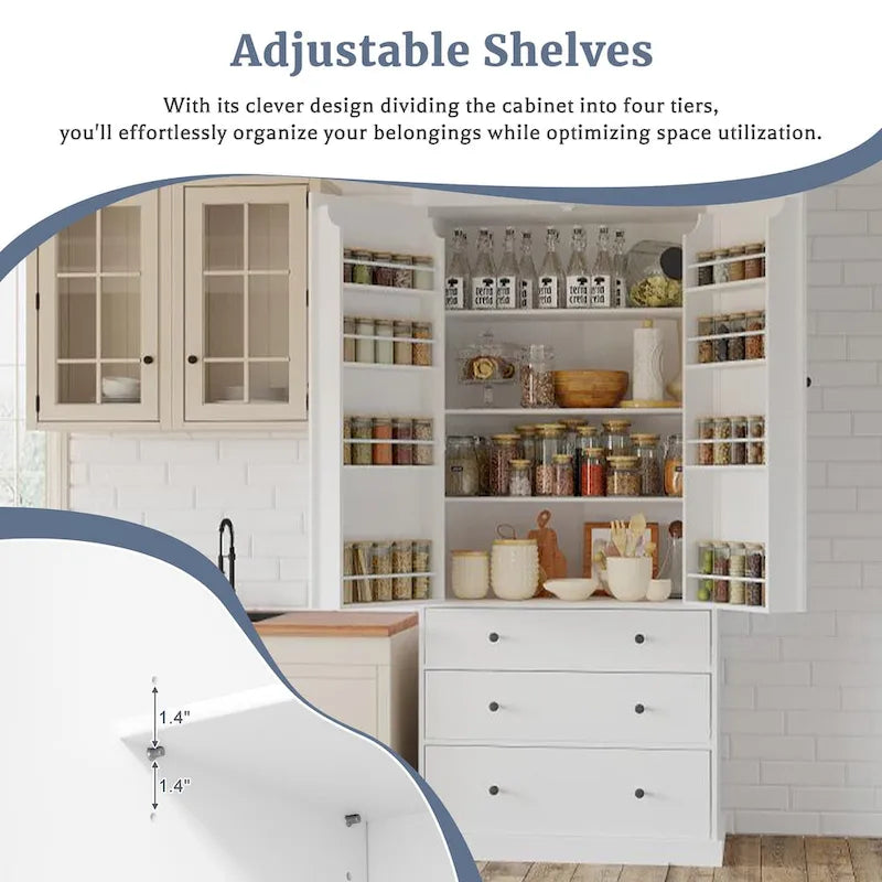 77inch Farmhouse Kitchen Pantry, Freestanding Tall Cupboard Storage Cabinet with 3 Adjustable Shelves, 8 Door Shelves, 3 Drawers