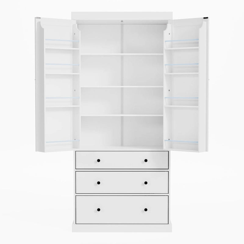 77inch Farmhouse Kitchen Pantry, Freestanding Tall Cupboard Storage Cabinet with 3 Adjustable Shelves, 8 Door Shelves, 3 Drawers