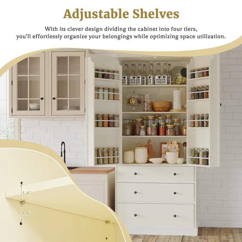 77inch Farmhouse Kitchen Pantry, Freestanding Tall Cupboard Storage Cabinet with 3 Adjustable Shelves, 8 Door Shelves, 3 Drawers