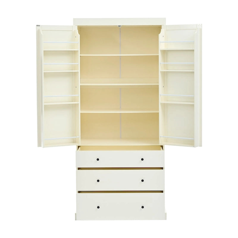 77inch Farmhouse Kitchen Pantry, Freestanding Tall Cupboard Storage Cabinet with 3 Adjustable Shelves, 8 Door Shelves, 3 Drawers