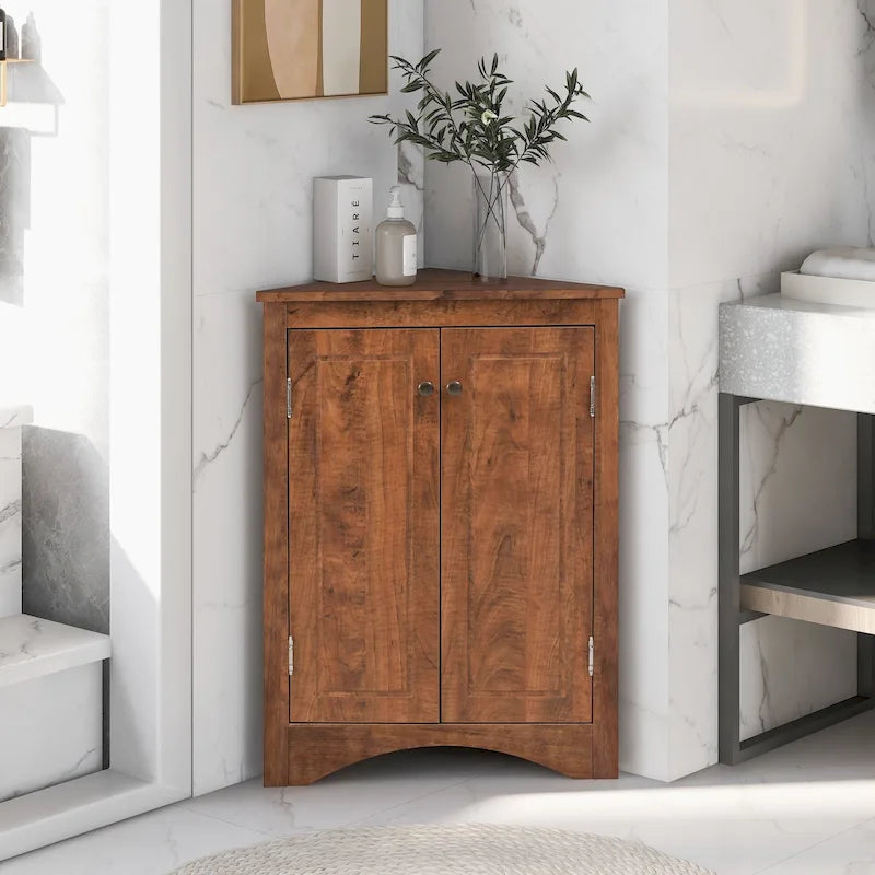 32 Holz 2-türiger Badezimmer-Eckschrank mit verstellbaren Einlegeböden