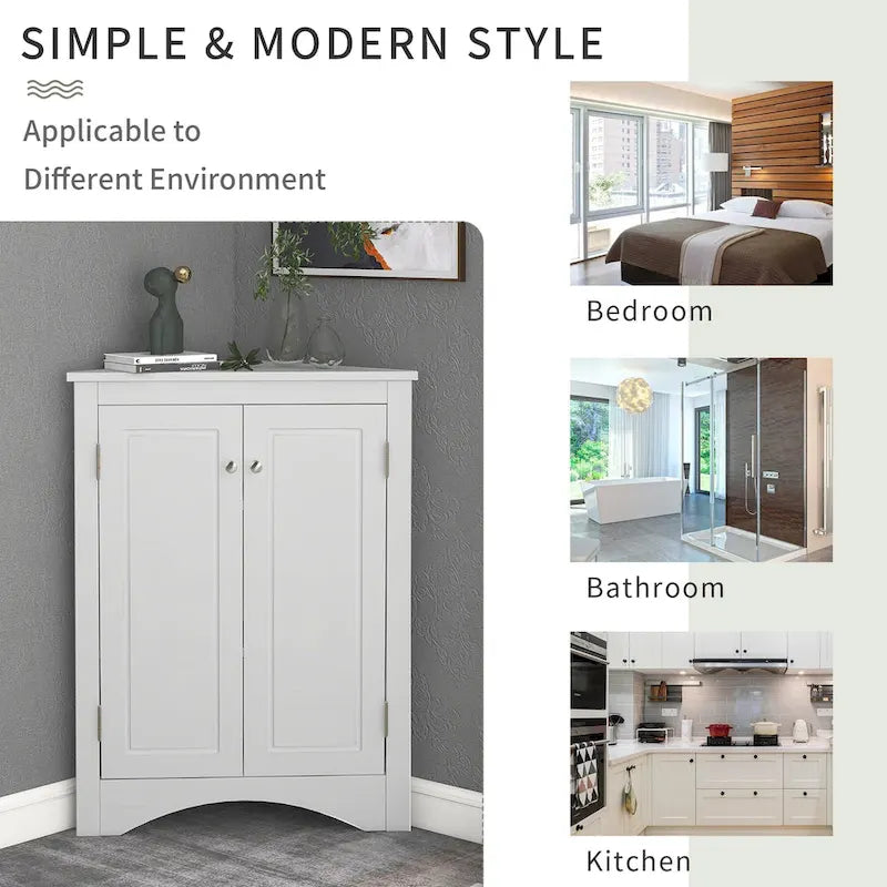 32 Wood 2-door Bathroom Corner Cabinet with Adjustable Shelves