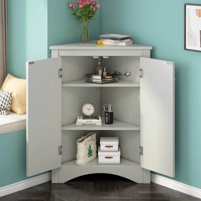 32 Wood 2-door Bathroom Corner Cabinet with Adjustable Shelves