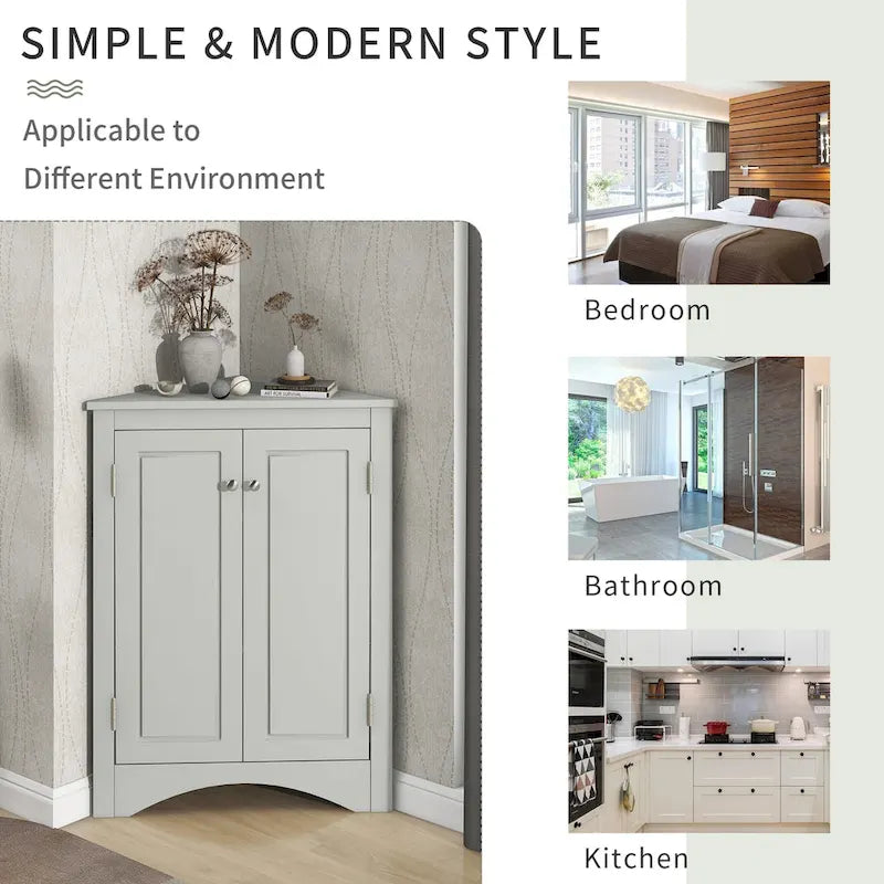 32 Wood 2-door Bathroom Corner Cabinet with Adjustable Shelves