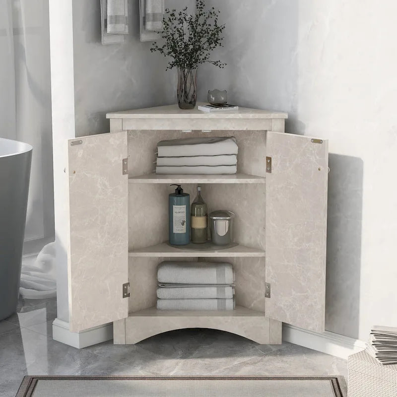 32 Wood 2-door Bathroom Corner Cabinet with Adjustable Shelves