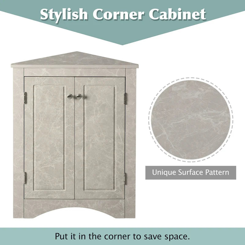 32 Wood 2-door Bathroom Corner Cabinet with Adjustable Shelves