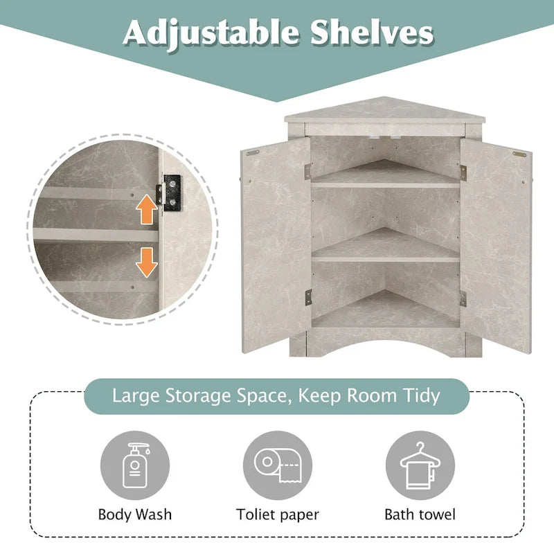 32 Wood 2-door Bathroom Corner Cabinet with Adjustable Shelves